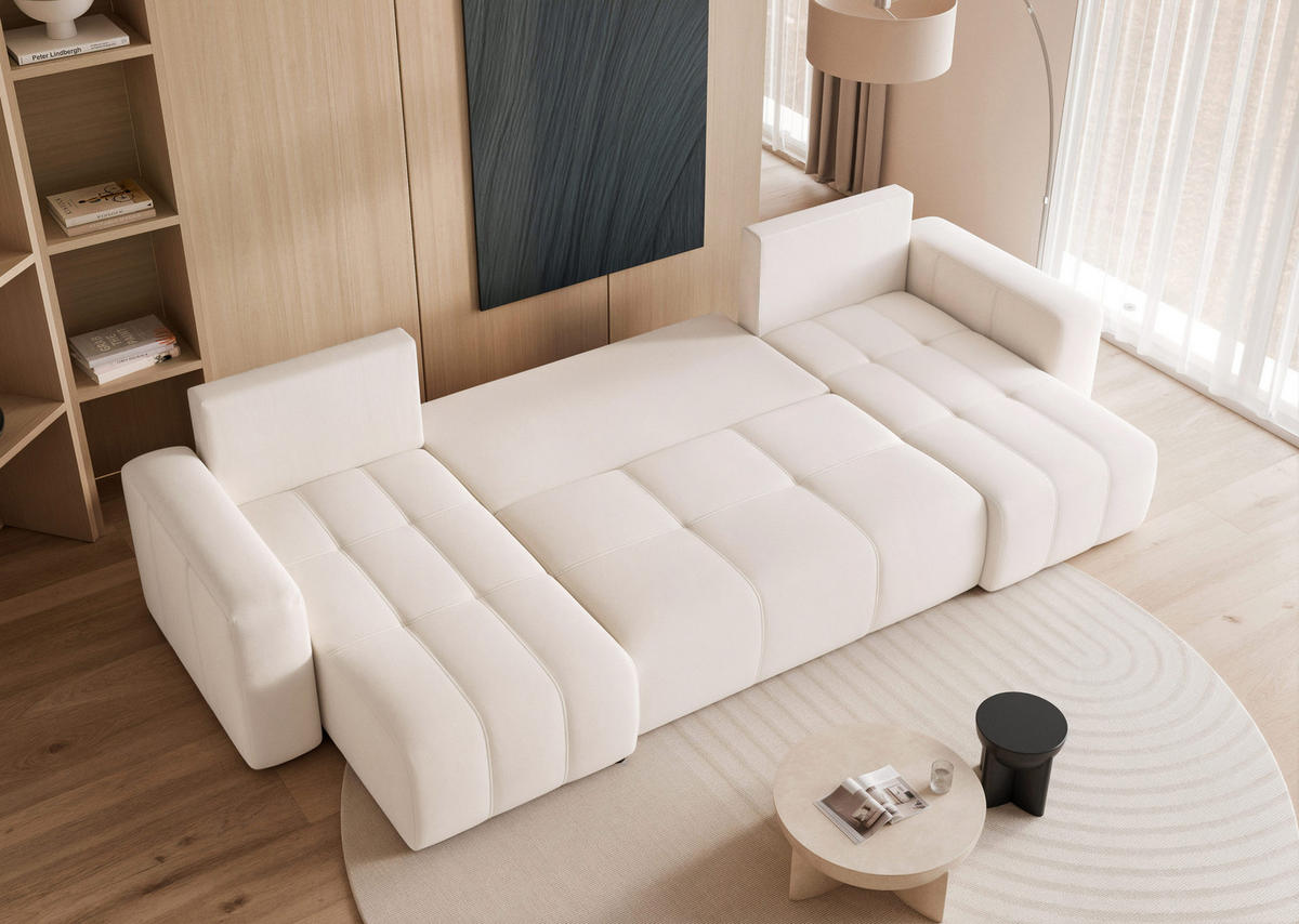 WOHNLANDSCHAFT PEDRO mit Schlaffunktion und Bettkasten Creme - Creme, Holzwerkstoff/Kunststoff (318/79/145cm) - Idohome