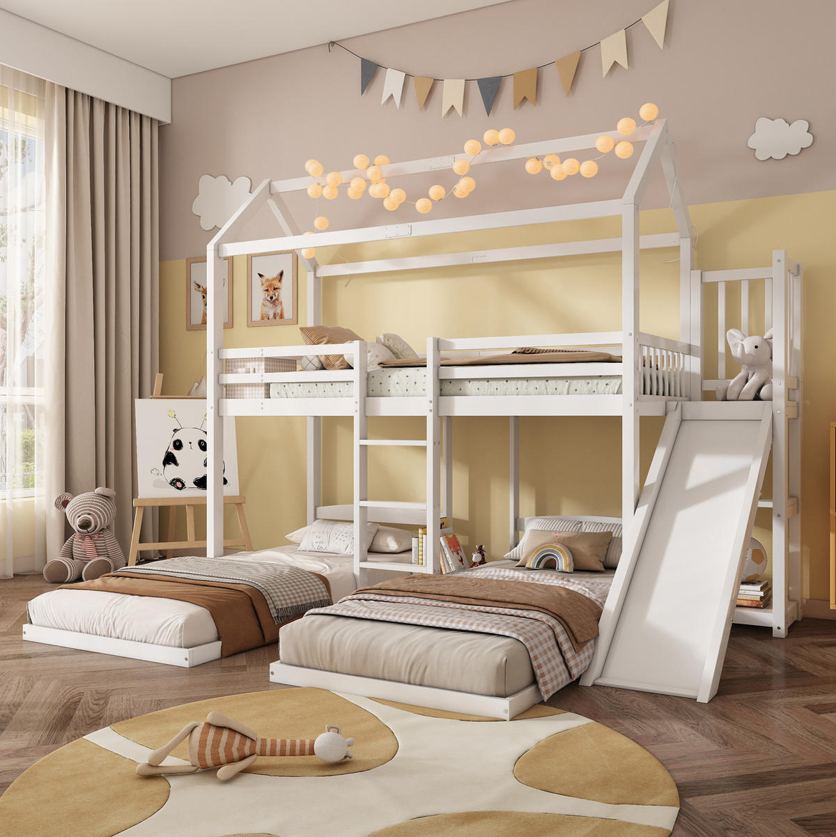 HAUSBETT 90/200 cm in Weiß mit Rutsche und Dachdesign - Weiß, Holz (90/200cm) - BEAOK