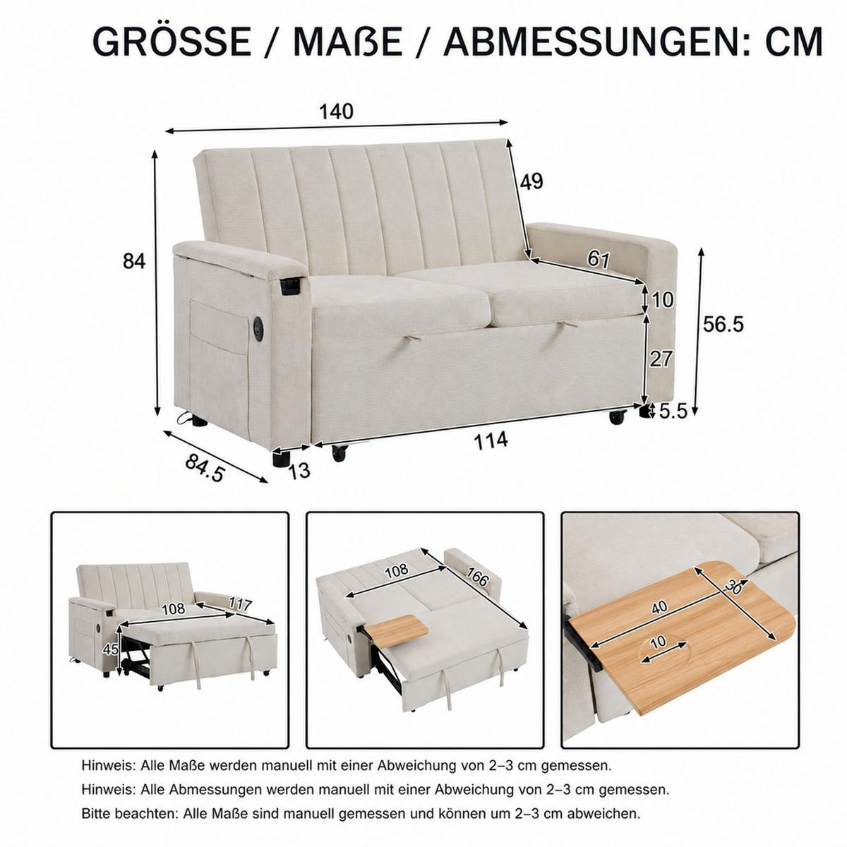 SCHLAFSOFA 140/84.5/84 cm Beige mit Klapptablett, USB & Type-C Ladeanschluss, Seitentaschen und Rollen - Beige, Textil (140/84/84.5cm) - Oxeza