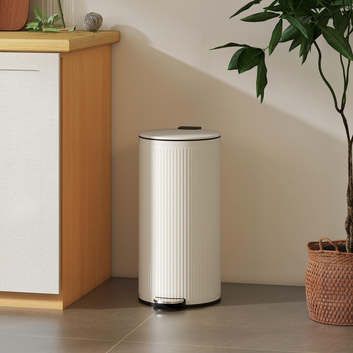 MÜLLEIMER KÜCHE 30L Treteimer mit Pedal, Softclose Deckel, Creme, 36/30/60,5 cm - Creme, Metall (30/60.5/36cm) - Rolipo