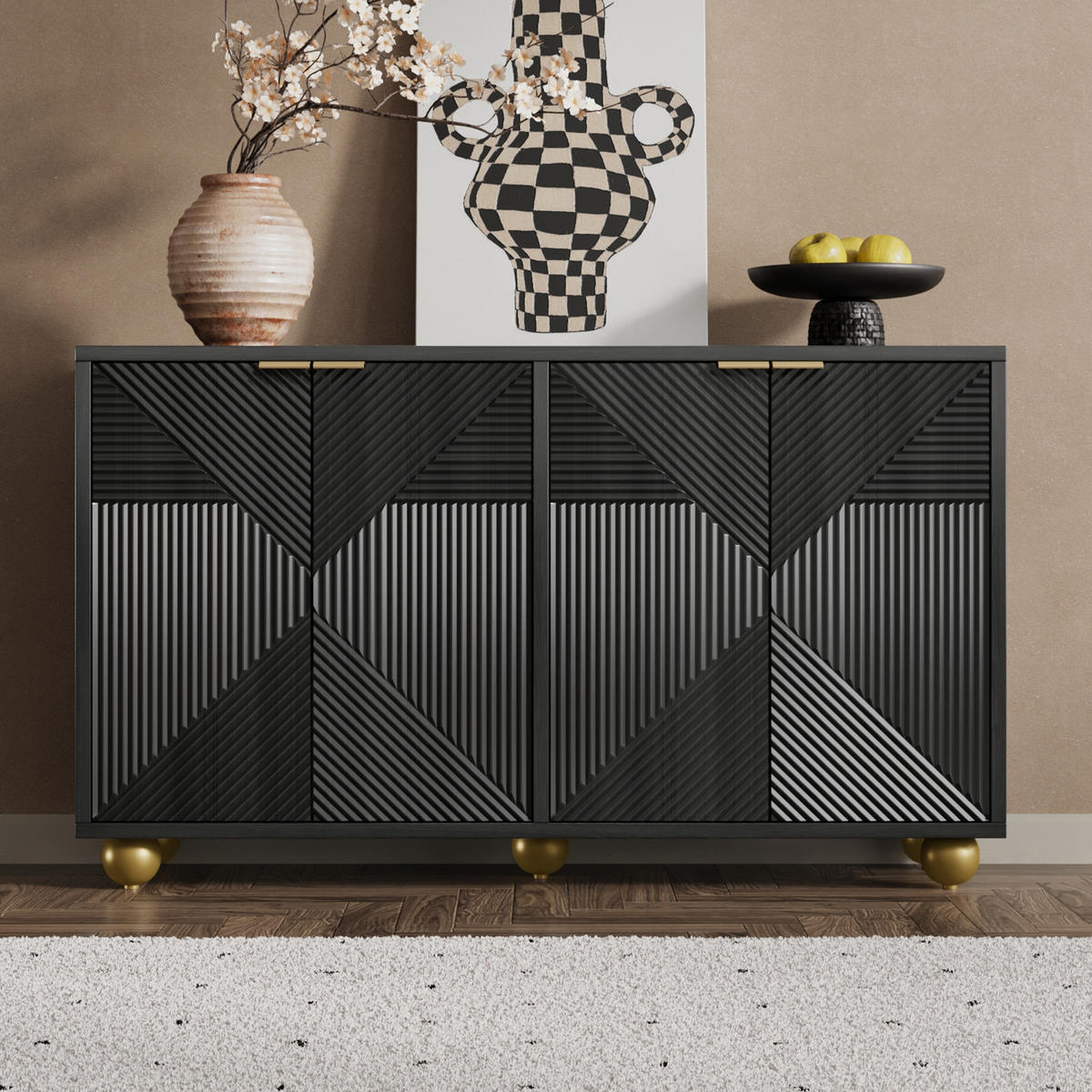 SIDEBOARD 120 cm in Schwarz mit 3D-Relief-Fronten & 4 Türen - Schwarz, Holzwerkstoff/Metall (120/71.5/35cm) - Urban Meuble