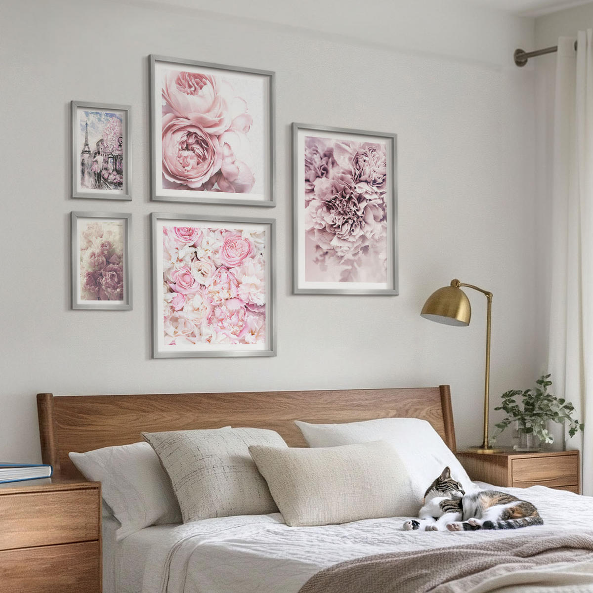 WANDBILDER 5er Set - 50x50 cm & 20x30 cm & 40x60 cm Silberner Rahmen - Rosa Blumen, romantische Landschaft - Silberfarben, Kunststoff (40/60cm) - ArtPrintCave