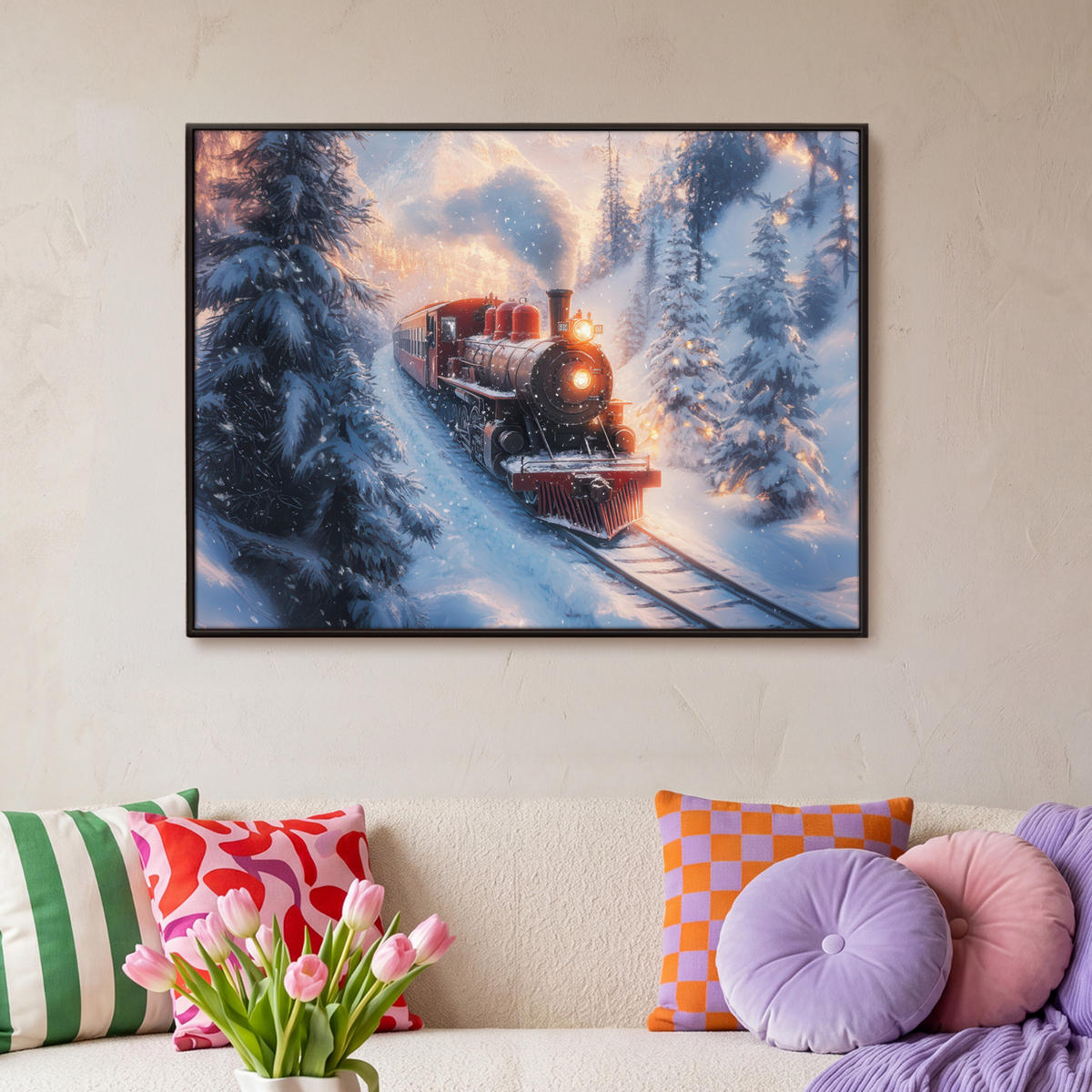 LEINWAND Bilder mit Rahmen - Weihnachtszug - Schnee - Winter - Weihnachten - 100x70 - Dunkelrot, Textil (100/70cm) - MuchoWow