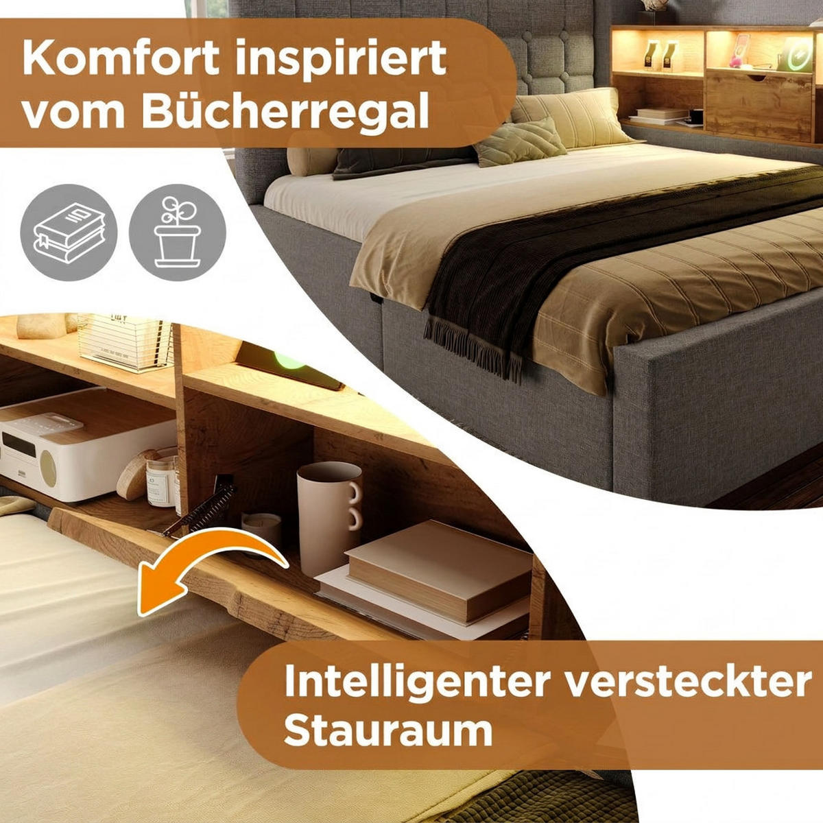 POLSTERBETT 140/190 cm Grau mit LED-Beleuchtung und Stauraum (Ohne Matratze) - Grau, Textil (140/190cm) - Oxeza