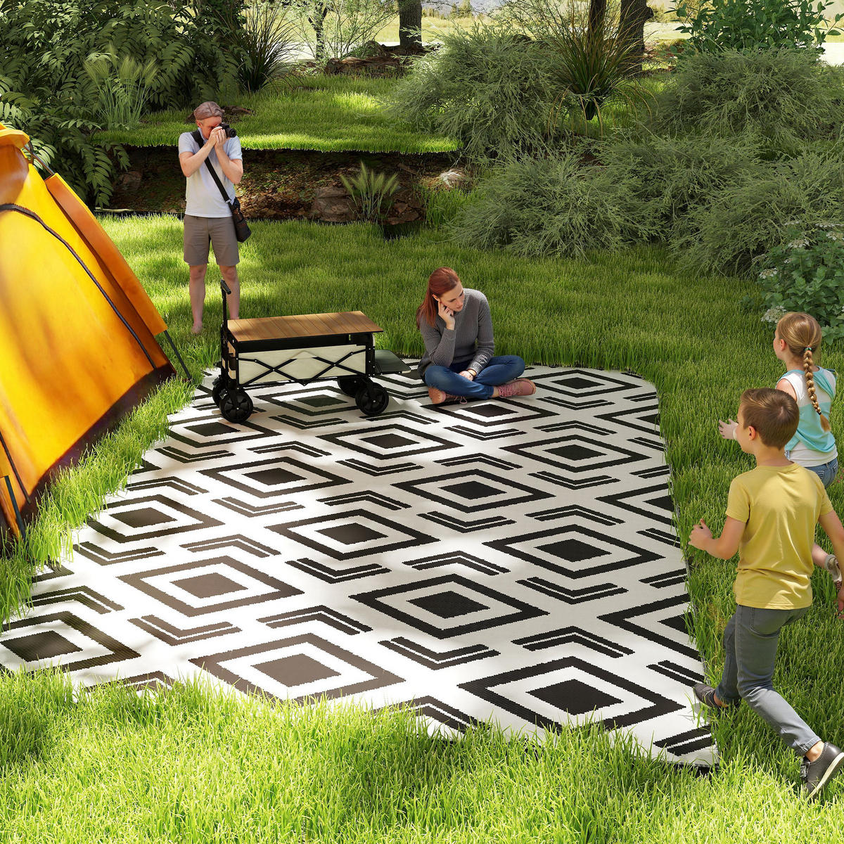 OUTDOOR-TEPPICH robuster Wetterfest Outdoorteppich mit Tragtasche - Schwarz, Kunststoff (274/182cm) - Outsunny