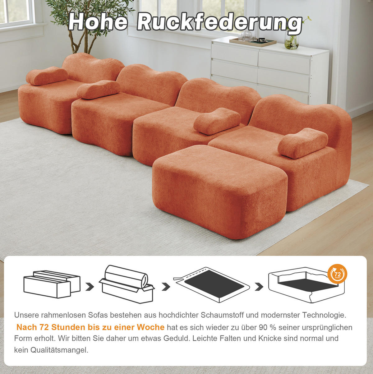 ECKSOFA 384/167/70 cm in Orange aus Samt, rahmenlos und flexibel - Orange, Textil (167/384cm) - Flora Grace