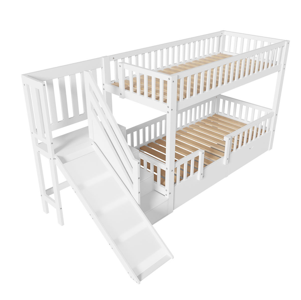 ETAGENBETT aus Massivholz 90x200 cm in Weiß mit Rutsche & Treppe - Weiß, Holz (90/200cm) - Modfu