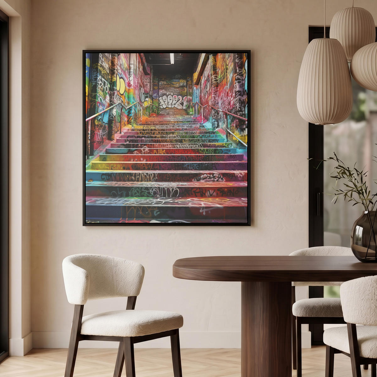 LEINWAND Bilder mit Rahmen - Treppe - Graffiti - Farben - Kunst - 90x90 - Multicolor, Textil (90/90cm) - MuchoWow