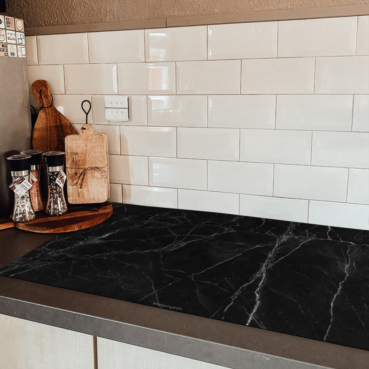 HERDABDECKPLATTE Schwarz - Marmor Induktionsschutz 91.2x52 cm - Schwarz, Kunststoff (91.2/52/0.2cm) - MuchoWow