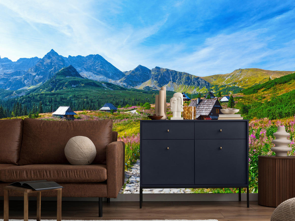 FOTOTAPETA Pre Obývaciu Izbu Kamenný Chodník Hory Stromy Rastliny Domy 100 x 70 cm - sivá/zelená, papier (100/70cm) - Muralo