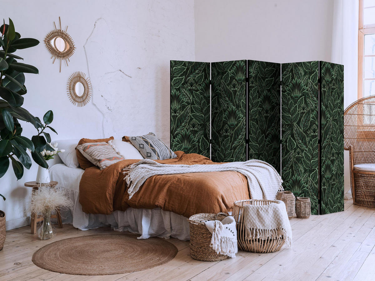 PARAVÁN Akustický 5-dielny 225x172 cm Zelené Listy - zelená, drevo/textil (225/172/3cm) - Muralo
