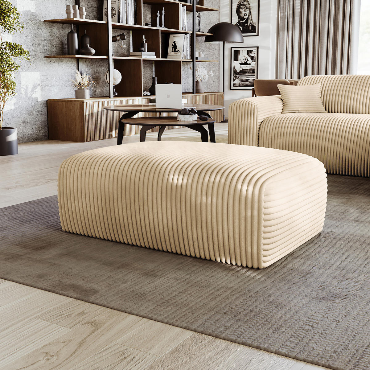 POLSTERHOCKER - Cord - Beige/Schwarz, Kunststoff/Textil (110/40/72cm) - home24