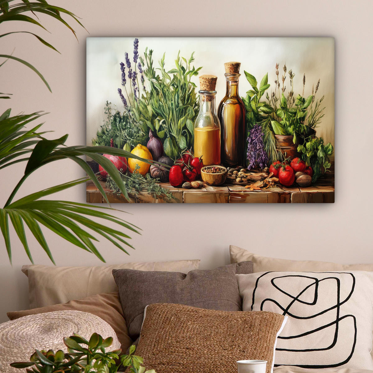 LEINWANDBILD Stilleben - Kräuter - Gewürze - Früchte - Farbenfroh Gemälde 60x40 cm - Grün, Textil (60/40cm) - MuchoWow