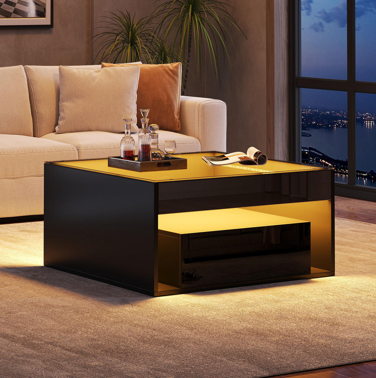 COUCHTISCH 70/70 cm mit 2 Schubladen, LED-Beleuchtung und Glasplatte - Schwarz, Holzwerkstoff (70/70/35cm) - BEAOK