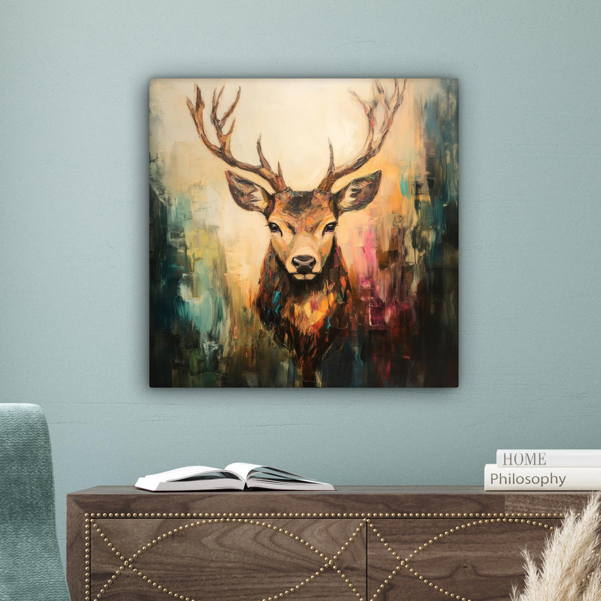 LEINWANDBILD Hirsch - Gemalt - Geweih - Braun 50x50 cm - Haselnussfarben, Textil (50/50cm) - MuchoWow