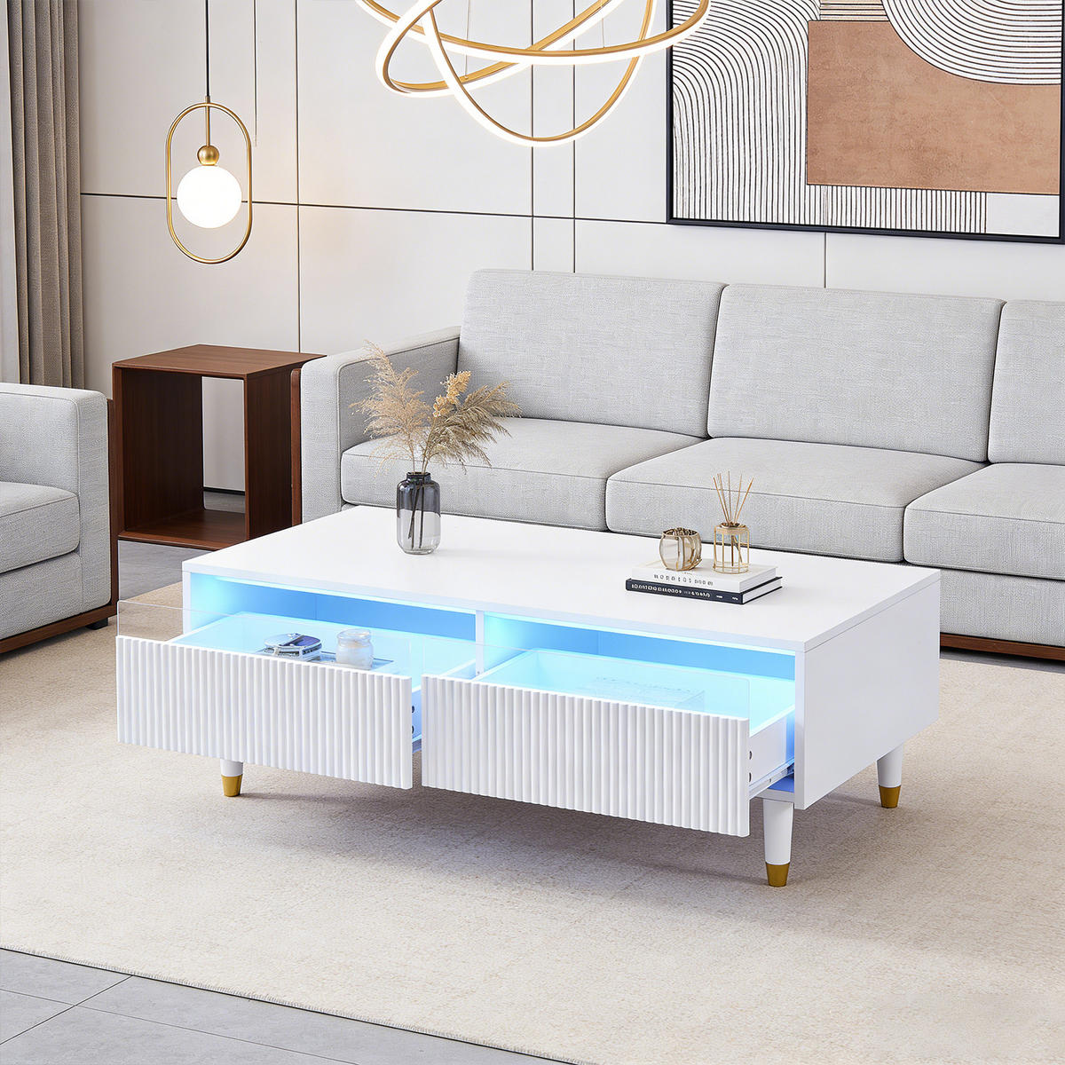COUCHTISCH mit Schubladen und LED-Beleuchtung, Weiß - Weiß, Holzwerkstoff (110/50/40cm) - Meubles Cosy