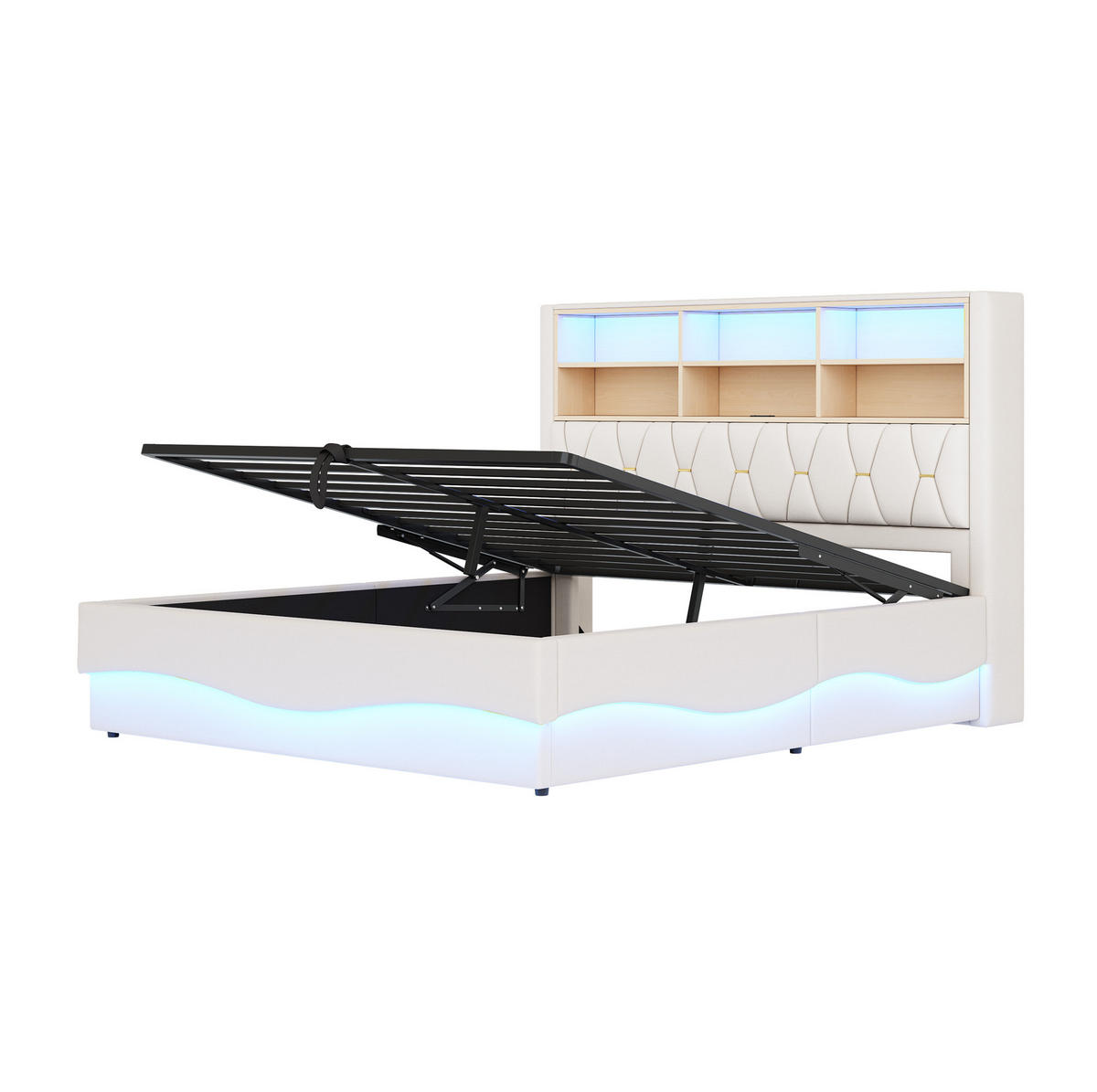 POLSTERBETT 180/200 cm mit hydraulischem Stauraum und LED-Beleuchtung - Beige, Metall (180/200cm) - OKWISH