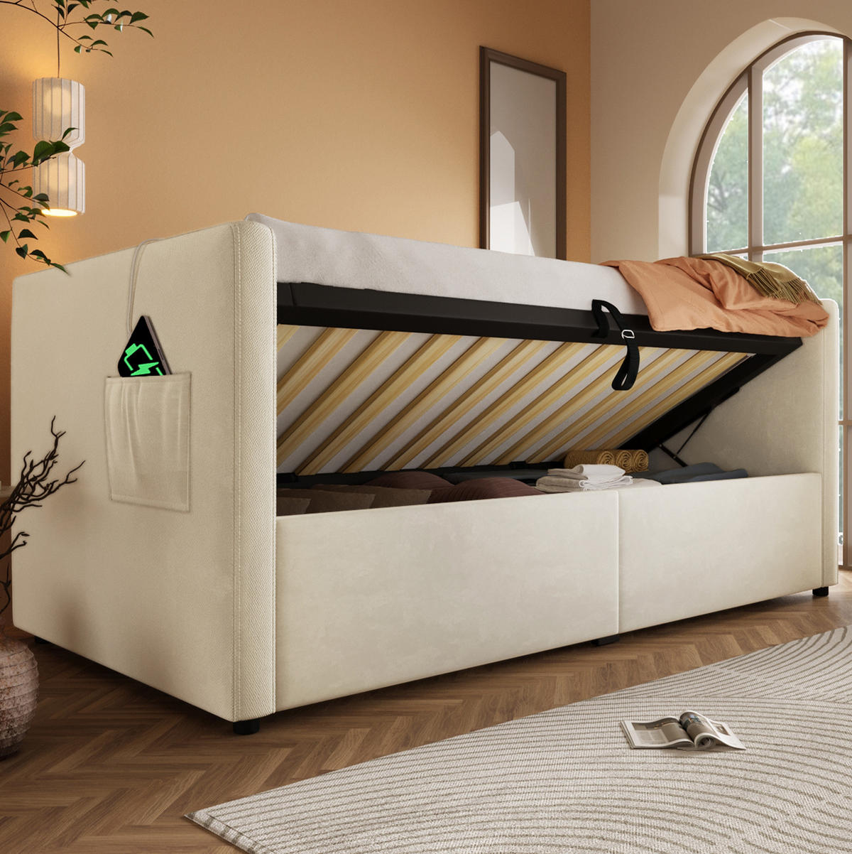 POLSTERBETT aus Samt 90x200 cm in Beige mit USB-C Ladestation & Stauraum - Beige, Textil (90/200cm) - Modfu