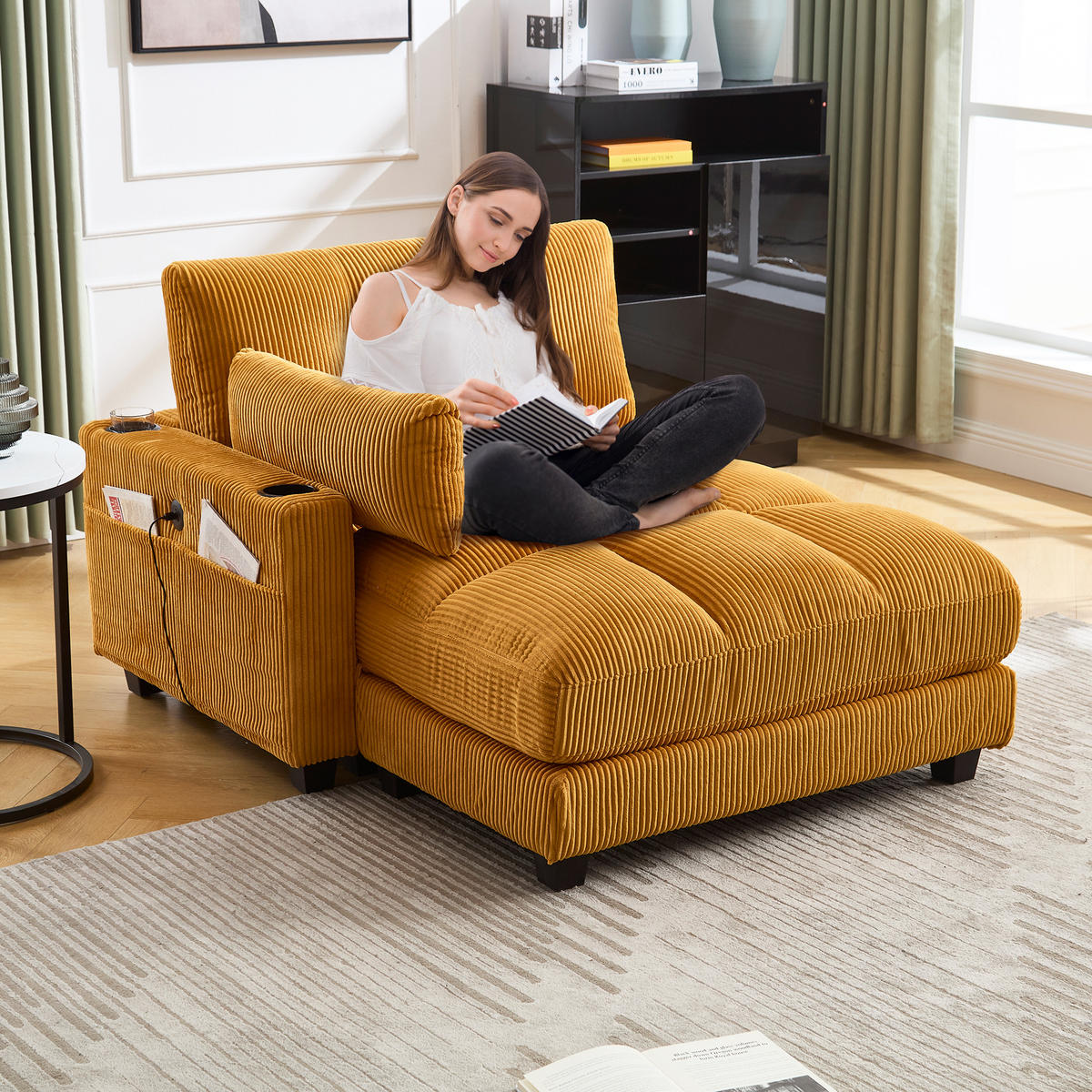 RÉCAMIERE Cord Senfgelb mit USB, Getränkehaltern und Seitentasche - Orange, Holzwerkstoff/Kunststoff (140/81/121cm) - WISHDOR