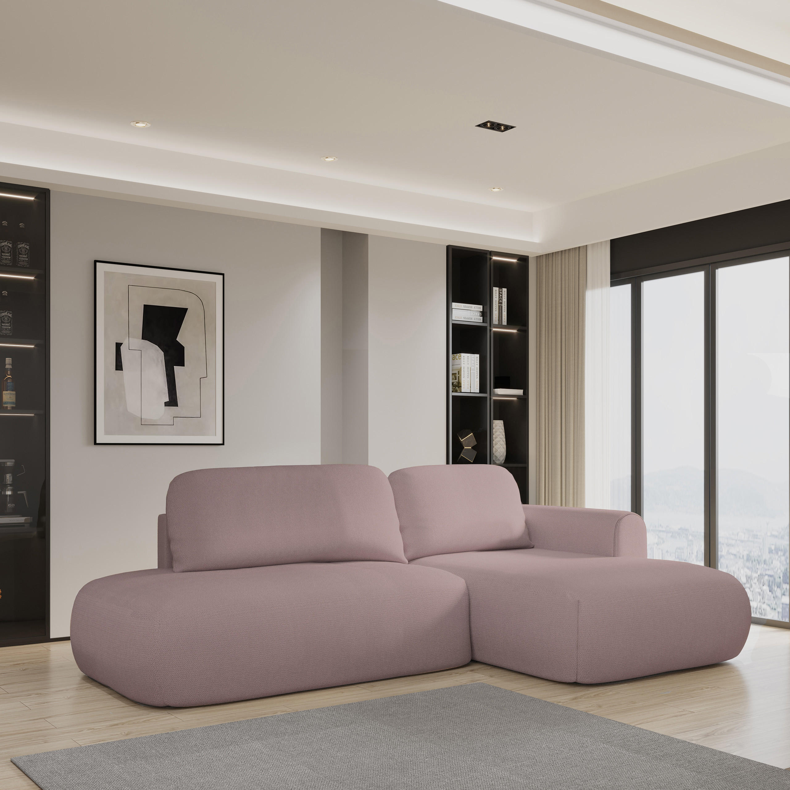 ECKSOFA NUVIRA R-S Rosa Geflochtener Stoff mit Schlaffunktion - Rosa, Holz (274/165cm) - MASSENO