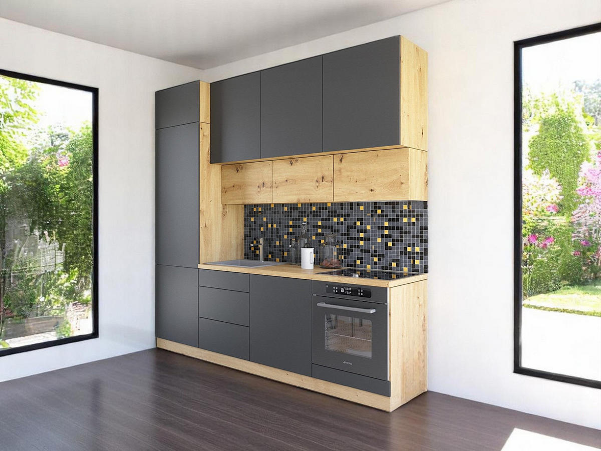KÜCHENZEILE 240 cm - Nexa K17-G240 - in Grau / Matt - Eiche Artisan/Grau, Holz (240/212/58cm) - ROYAL24_MARKT