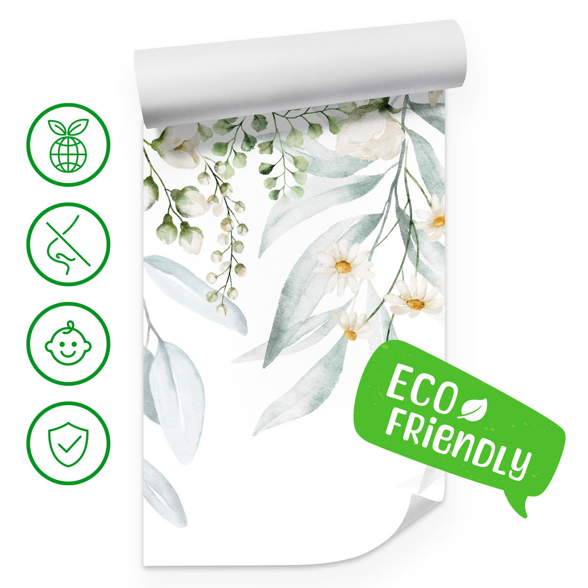 FOTOTAPETE für Schlafzimmer Aquarell Blätter Blumen Weiß 500x350 - Gelb/Weiß, Papier (500/350cm) - Muralo