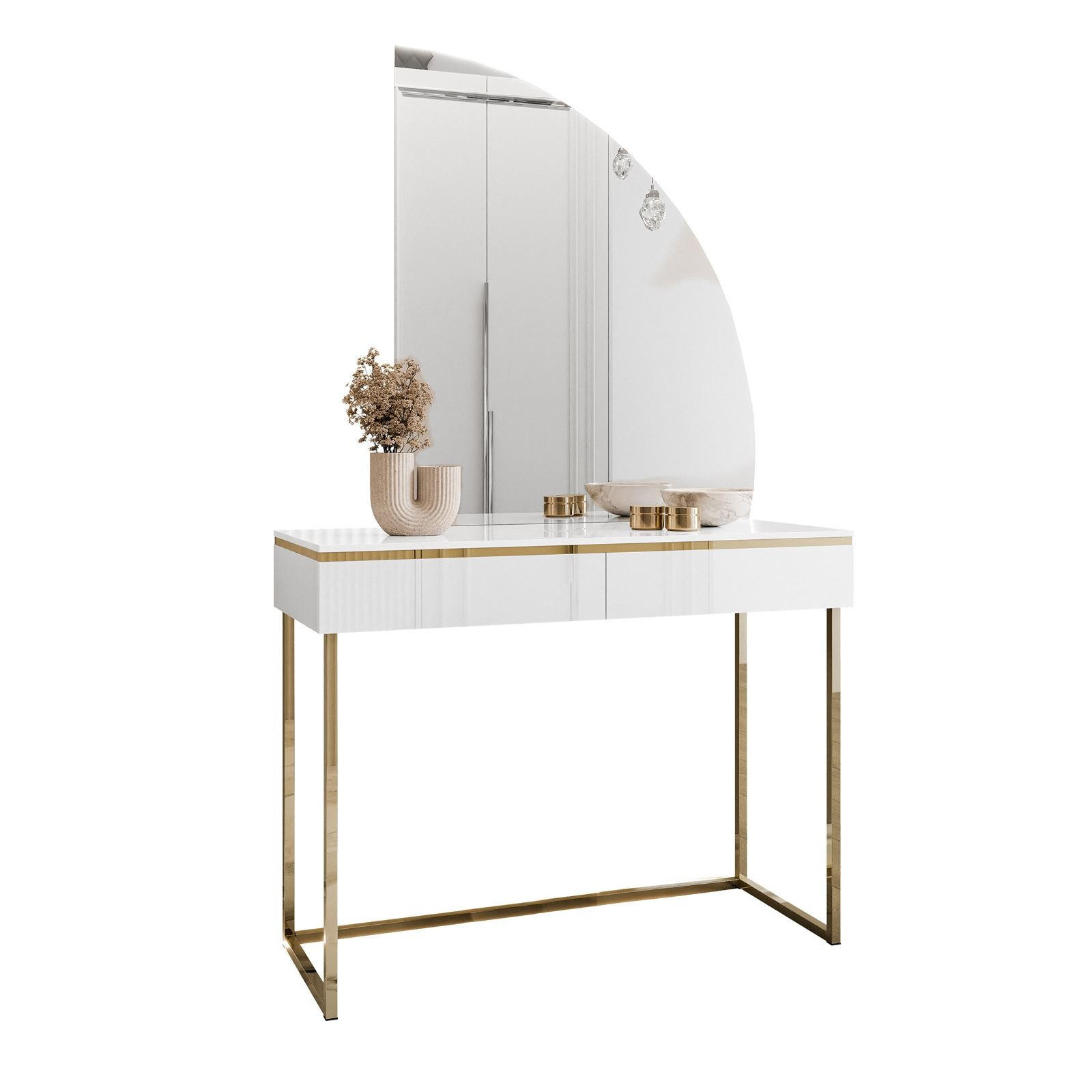 SCHMINKTISCH AURORA-Q GOLD in weiß Hochglanz auf goldenem Gestell mit rechts Spiegel - Weiß Hochglanz/Goldfarben, Holzwerkstoff/Metall (102/174/44cm) - Lookway