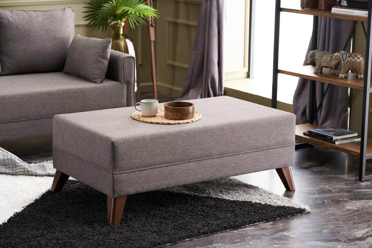 ECKSOFA mit Hocker als Schlaffläche, perfekt für kleine Räume - Taupe/Walnussfarben, Holz/Kunststoff (205/140cm) - myHomelando