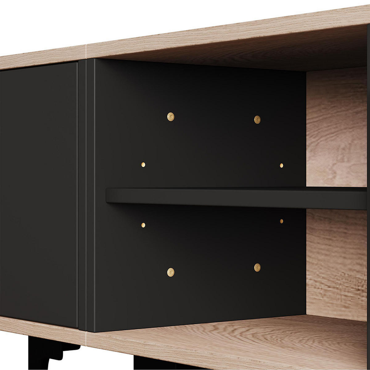 LOWBOARD in 180 x 35 x 49 cm mit offene Ablagefächer, Holzfarbe + Schwarz - Eichefarben, Holzwerkstoff (180/49/35cm) - KOMHTOM