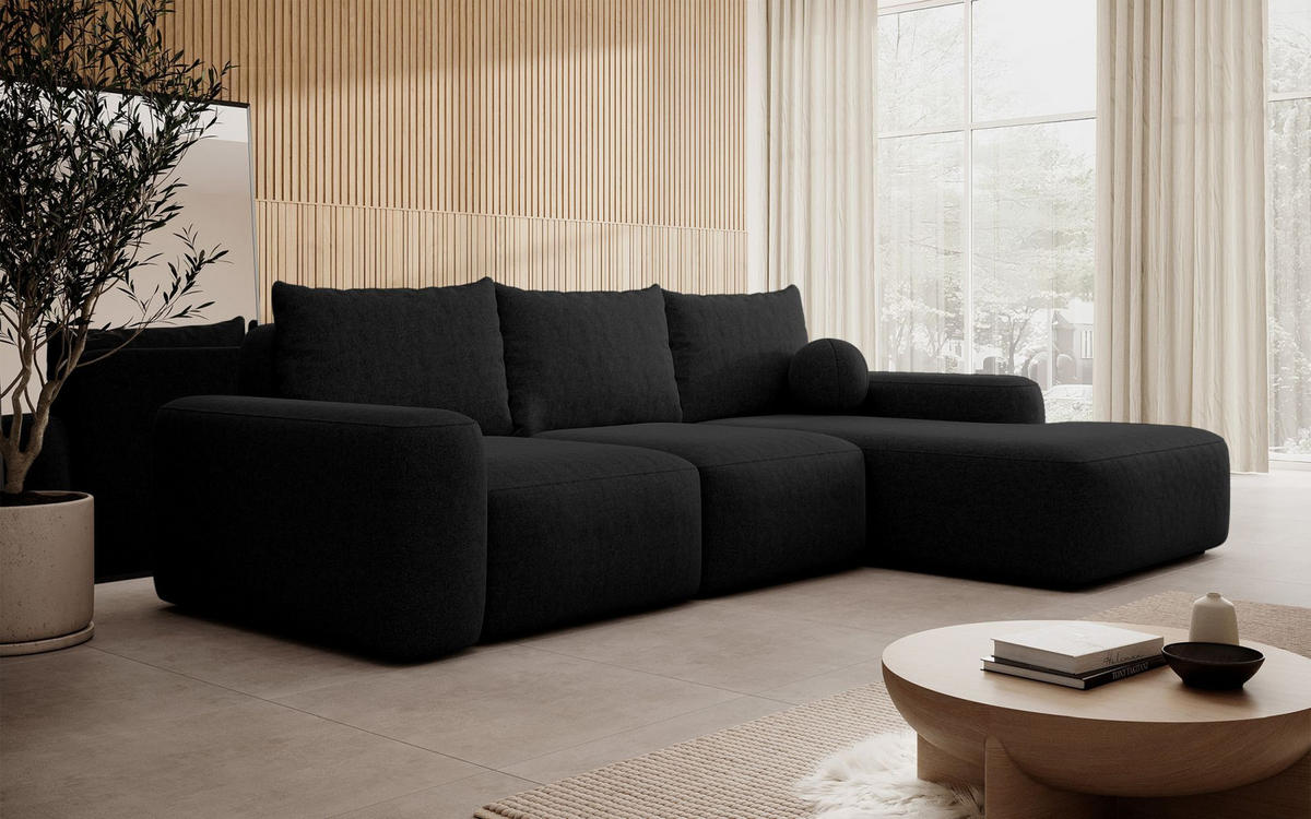 ECKSOFA Carnos mit Ballkissen, Schwarz Chenille, rechtsseitig - Schwarz, Kunststoff/Textil (264/162cm) - Selsey