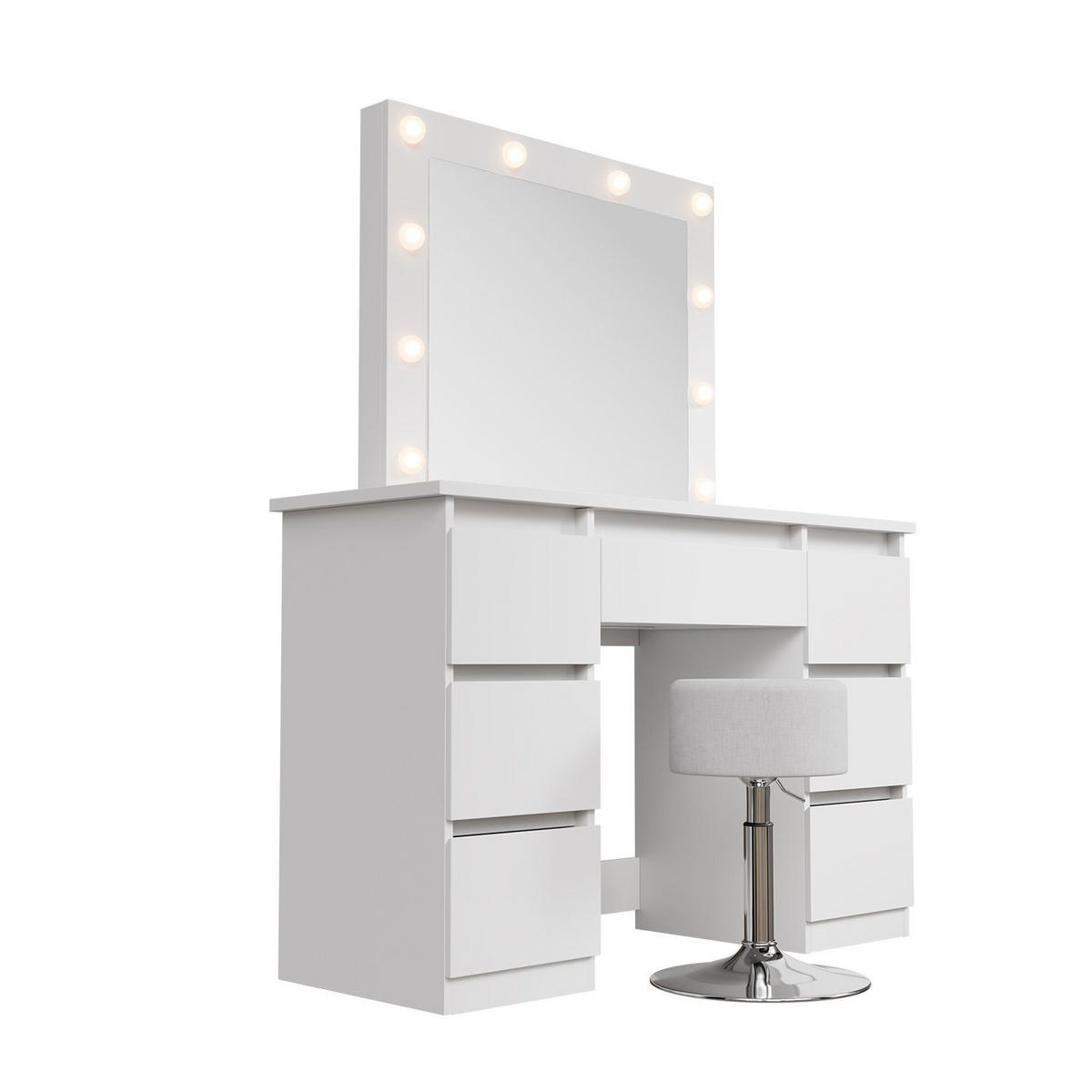 SCHMINKTISCH Talea mit LED (3 Lichtstufen) inkl Hocker Tonia - Weiß, Holz (110/141/40cm) - Juskys