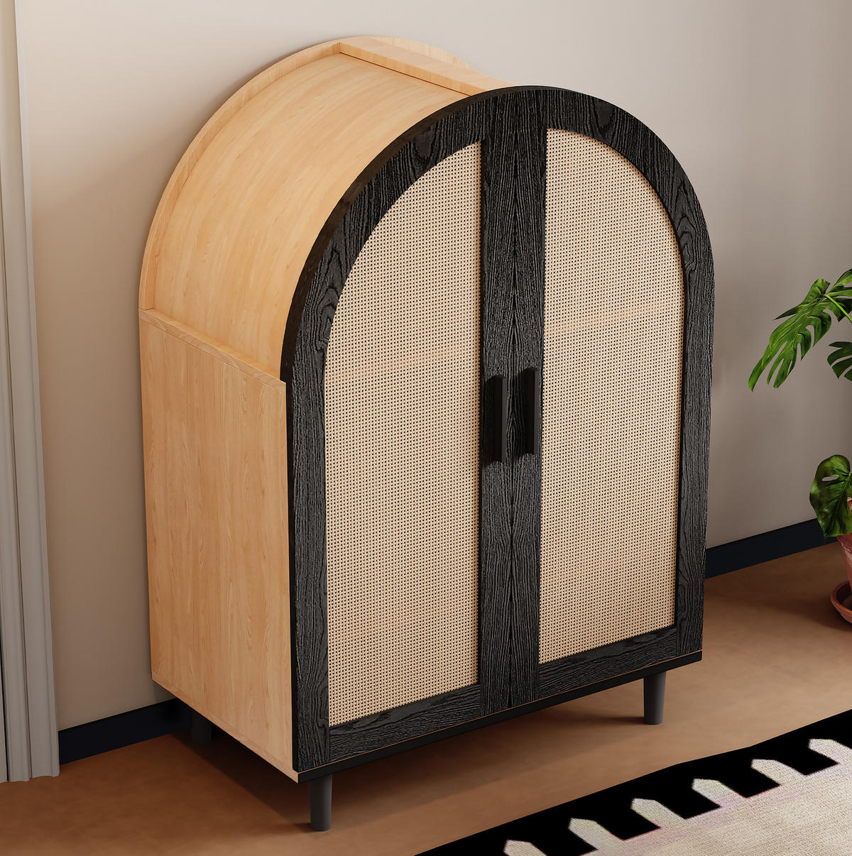 SCHUHSCHRANK 70/40/100 cm in Natur/Schwarz mit Rattantüren und verstellbaren Einlegeböden - Naturfarben, Holzwerkstoff (70/40/100cm) - Flora Grace