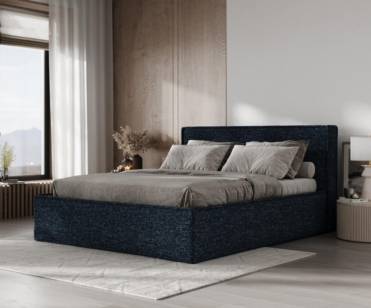 POLSTERBETT Sato mit Stauraum 120/200 cm Marineblau im Modesto Stoff - Schwarz/Naturfarben, Holz/Holzwerkstoff (120/200cm) - AltaBeds