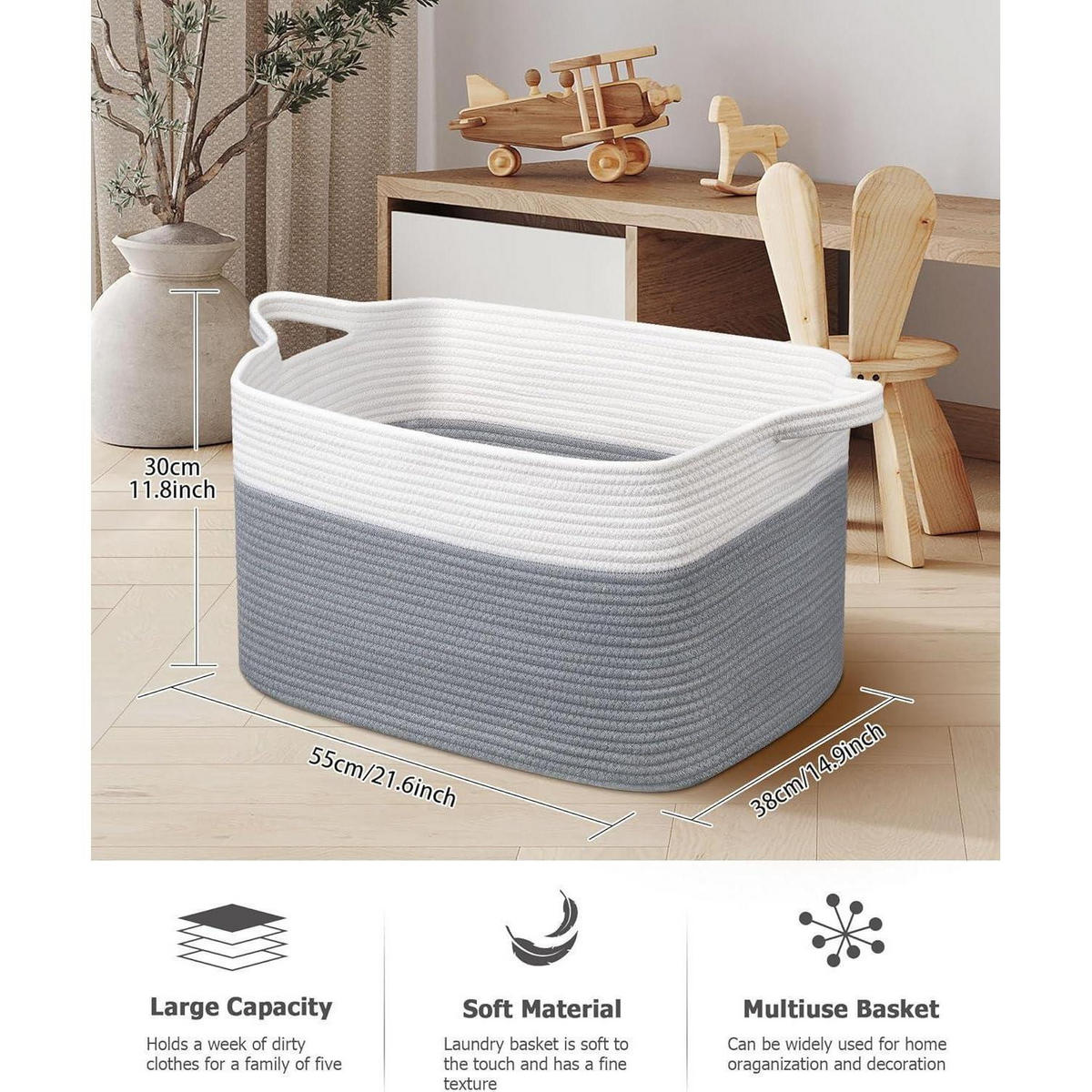 WÄSCHEKORB 2-teiliges Set Baumwolle 63 L Weiß & Grau - Multicolor, Textil (38/30/55cm)
