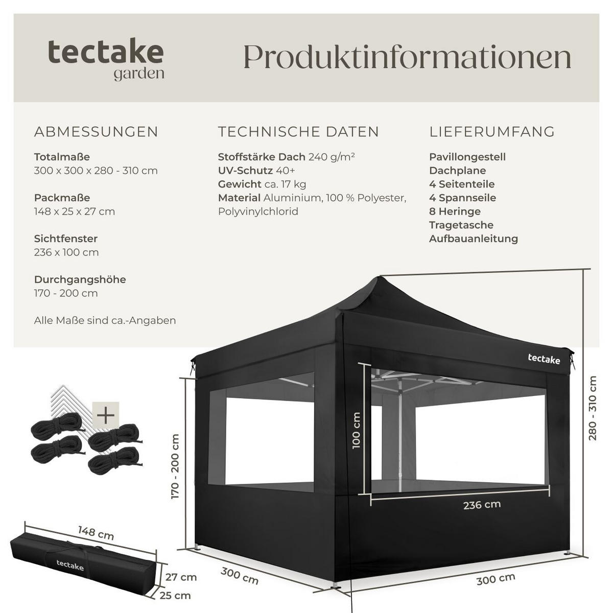 PAVILLON Olivia,inklusive Spannseilen, Heringen und Tragetasche,schwarz - Schwarz, Kunststoff (300/280/300cm) - tectake
