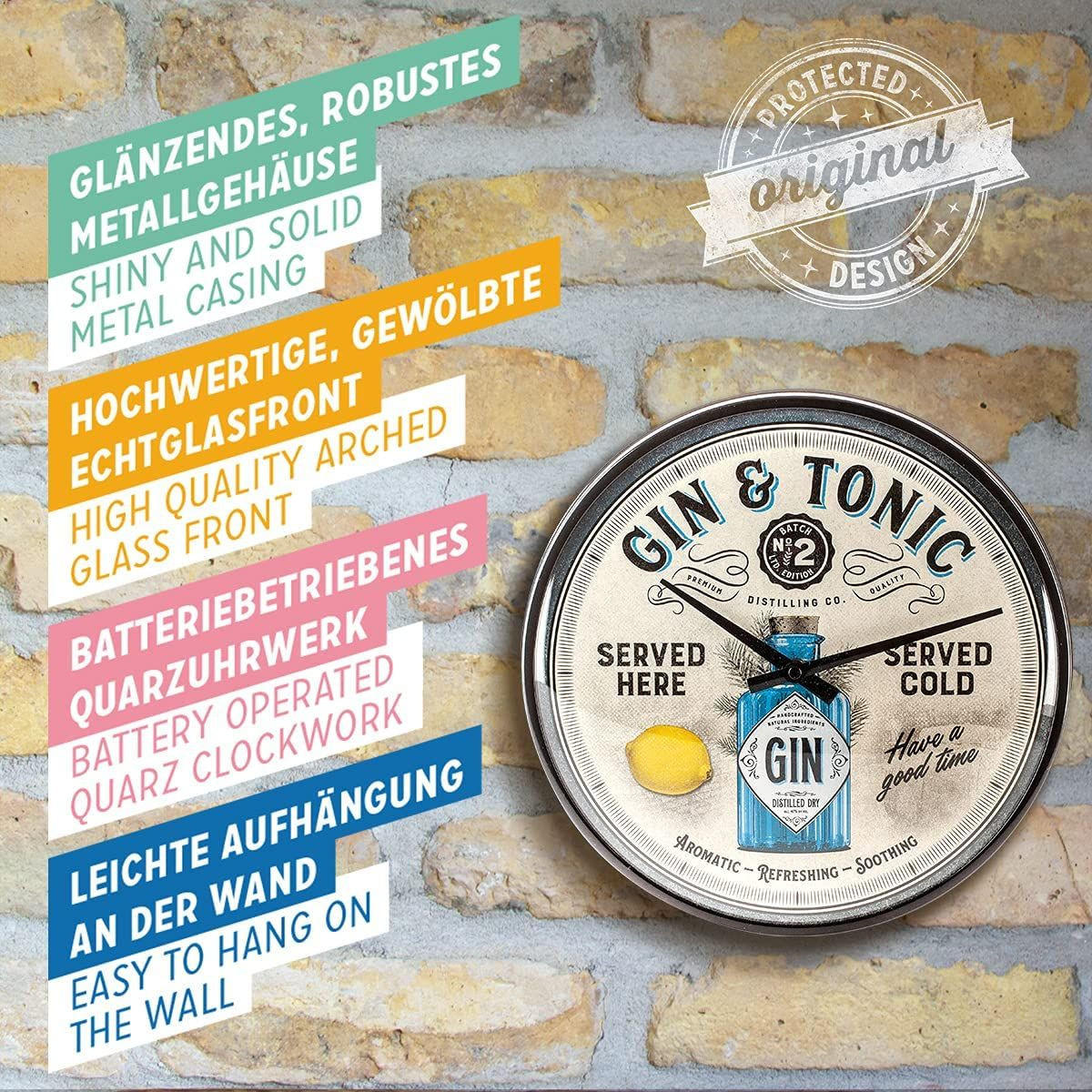 WANDUHR 31 cm Open Bar Gin & Tonic Served Here - Hellgrau, Metall (31/31/5cm) - Nostalgic-Art