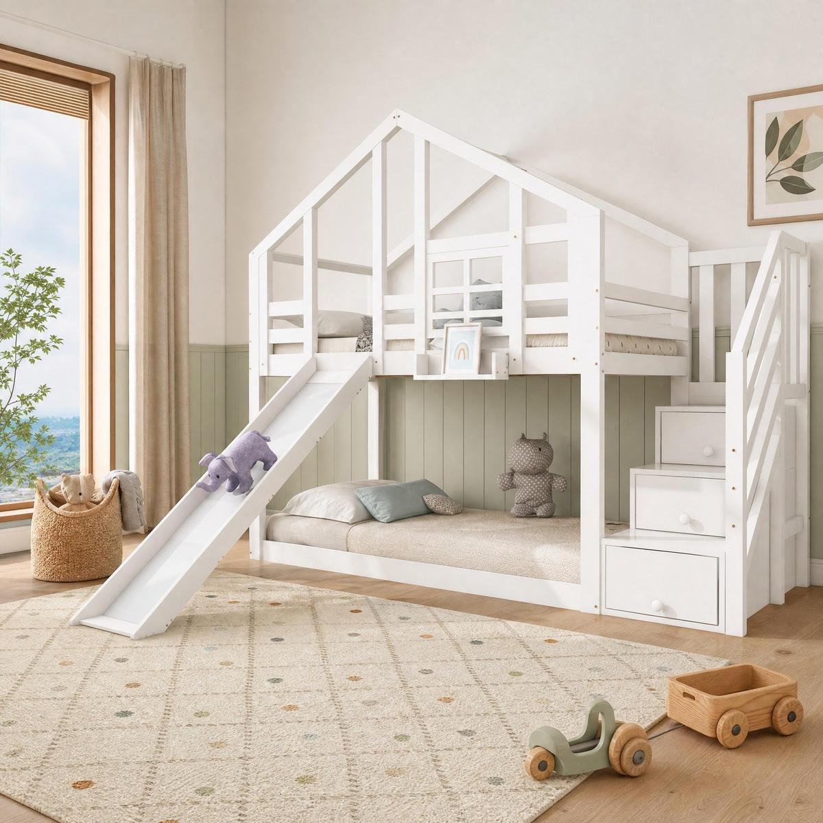 ETAGENBETT 90/200 mit Rutsche, Stauraumtreppe und Rausfallschutz in Weiß - Weiß, Holzwerkstoff (90/200cm) - EVRYAE