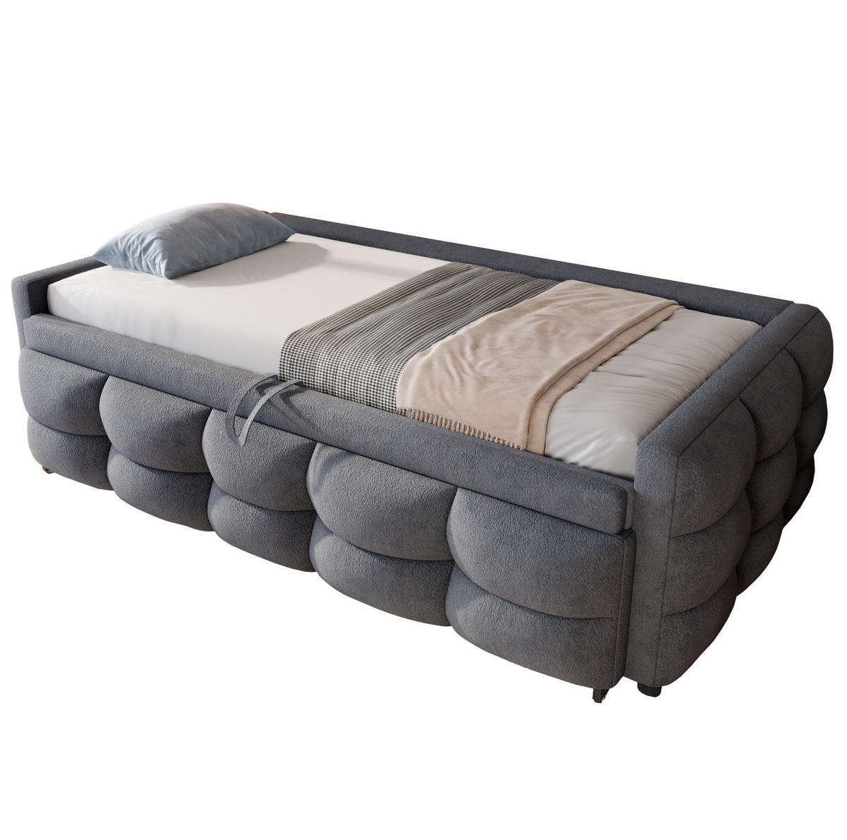 POLSTERBETT 90/180/190 cm Grau aus Teddy-Samtstoff mit Ausziehfunktion - Grau, Textil (90/190cm) - OKMYHOME