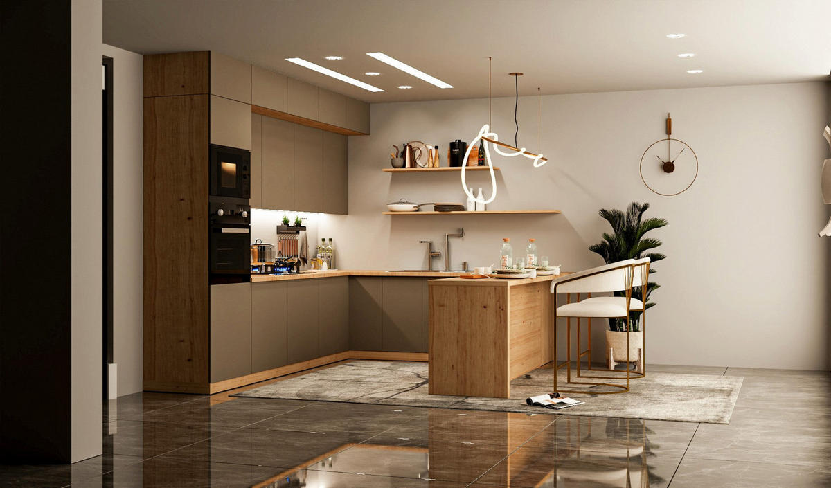 WINKELKÜCHE – Küchenzeile 310 x 260 x 250 cm VELORA – KU-S49 – Beige - Beige, Holzwerkstoff (310/248/260cm) - hi-markt