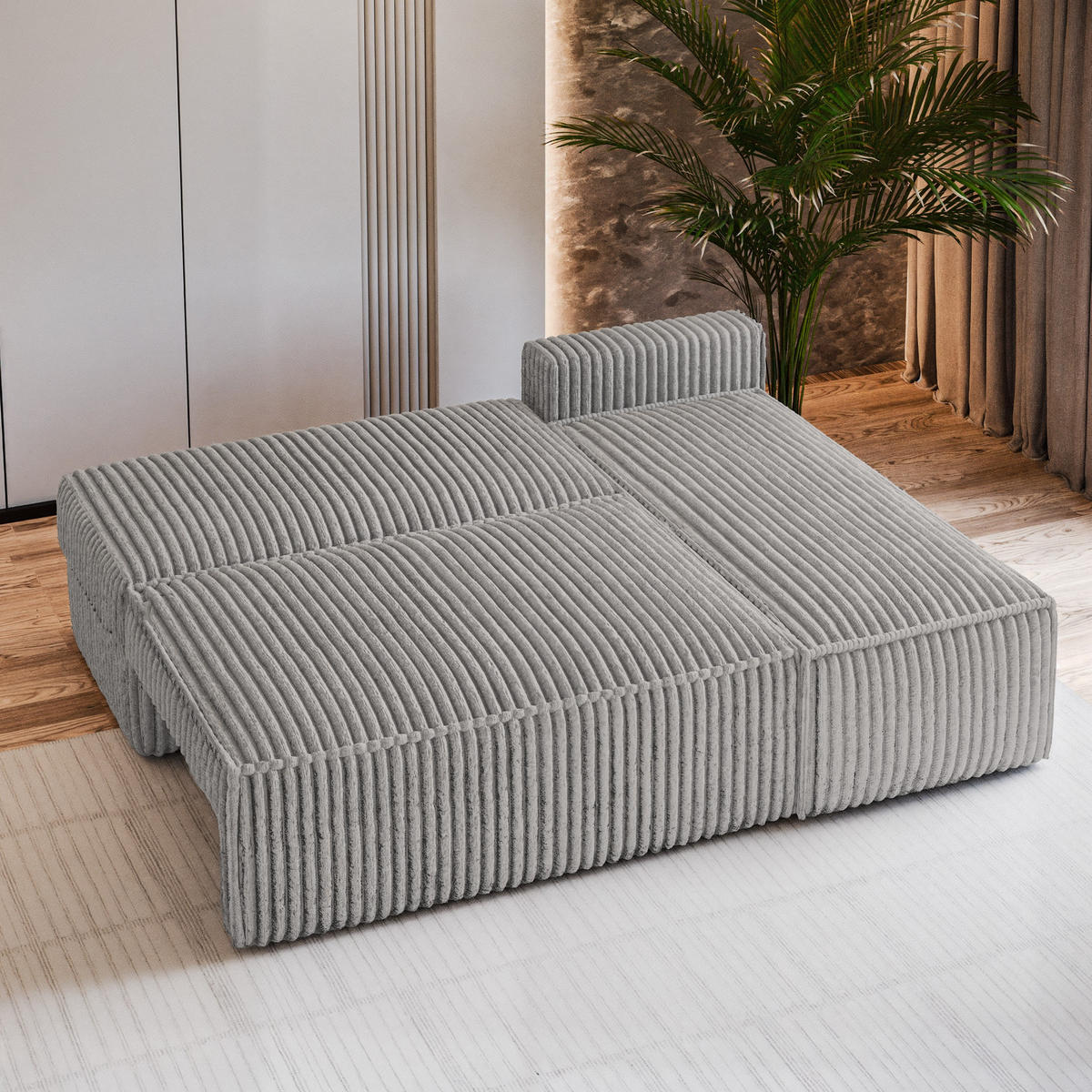 ECKSOFA BRISO T Hellgrau Kordstoff mit Schlaffunktion - Grau, Holz (200/140cm) - MASSENO