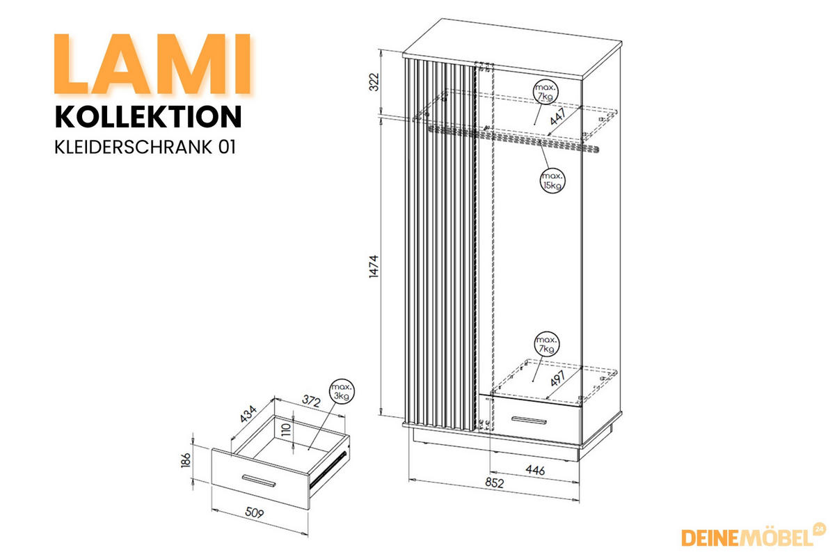 KLEIDERSCHRANK LAMI 1 90/194/52 cm in Wotan Eiche / Schwarz Matt mit Lamellen - Eiche Wotan/Schwarz, Holzwerkstoff (90/194/52cm) - Deine Möbel 24