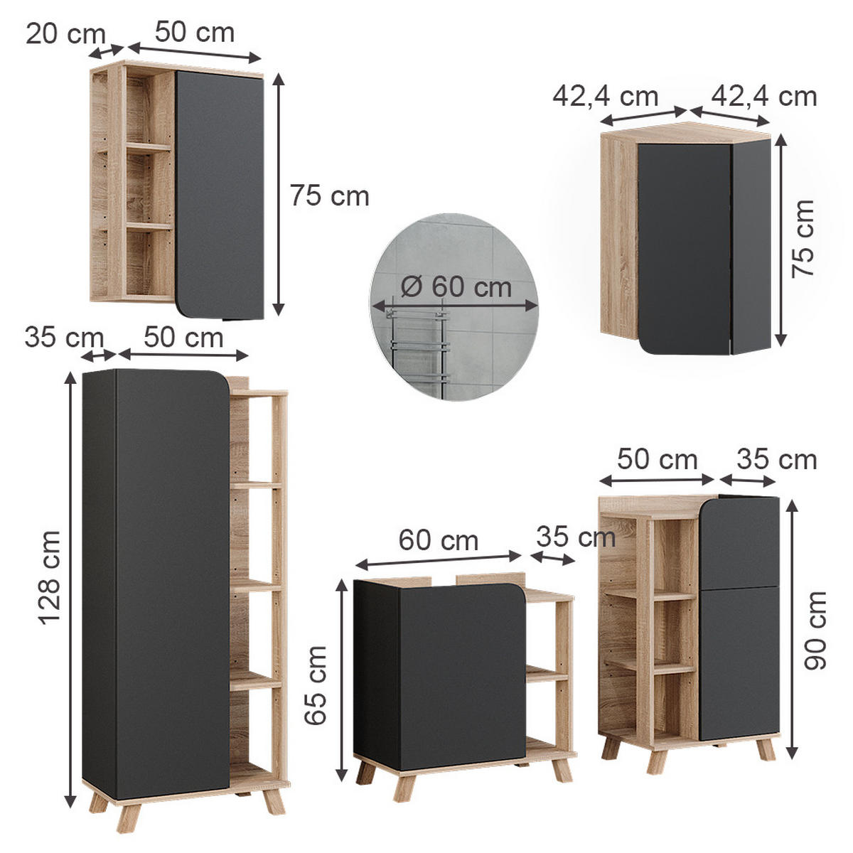 BADMÖBEL-SET Karen Sonoma 5 Teile - Anthrazit, Holzwerkstoff (60/65/35cm) - Vicco