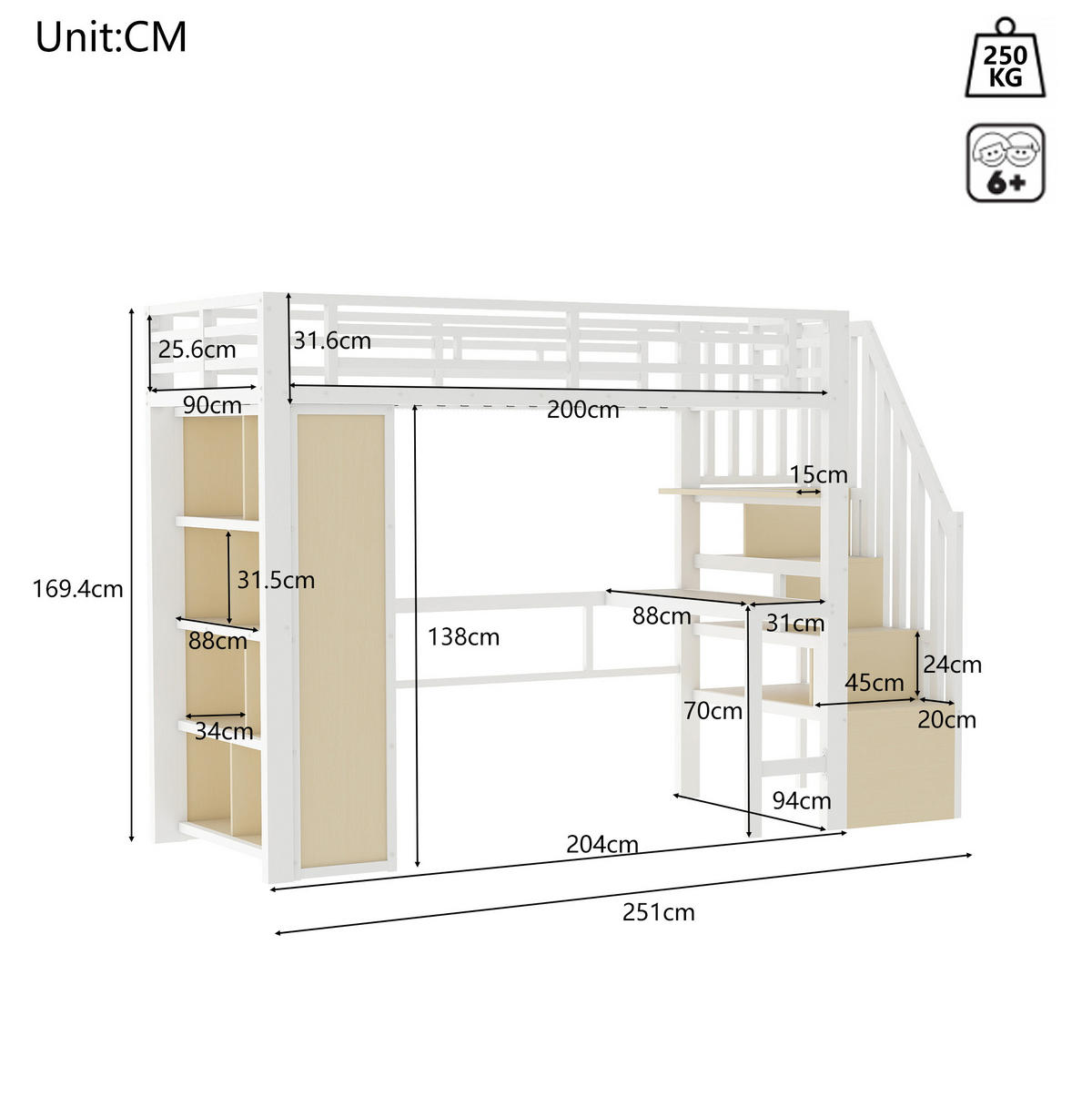 HOCHBETT aus Metall und MDF 90x200 cm Weiß mit Schreibtisch, Stauraumtreppe und App-gesteuerter LED-Lichtleiste - Weiß, Metall (90/200cm) - Modfu