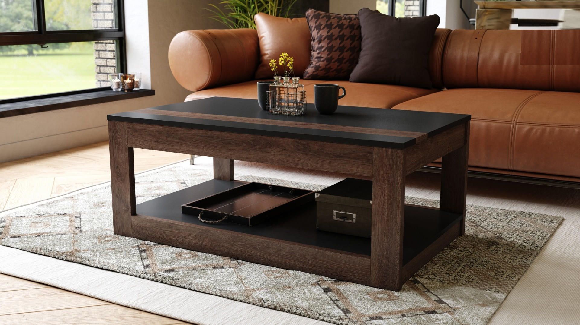 COUCHTISCH rechteckig Schwarz - Eiche dunkel aufklappbar - Schwarz/Braun, Holzwerkstoff (66/112/45cm) - designimpex