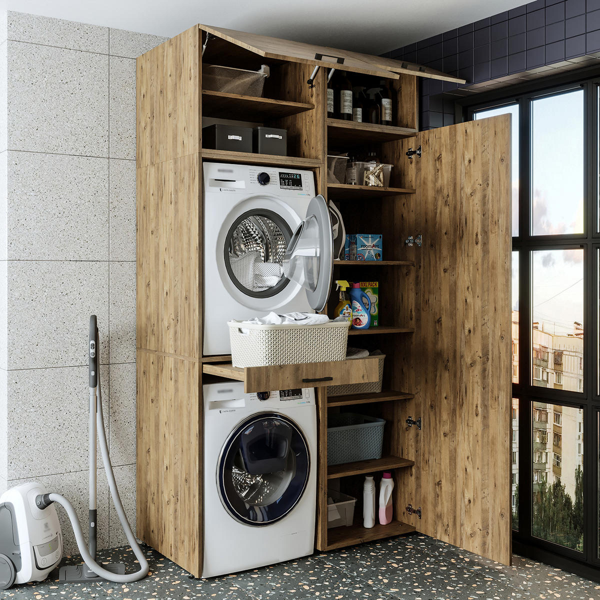 WASCHMASCHINENSCHRANK DUO-I 127cm Breit, 240cm Hoch - Eichefarben, Holzwerkstoff (127/240/67cm)