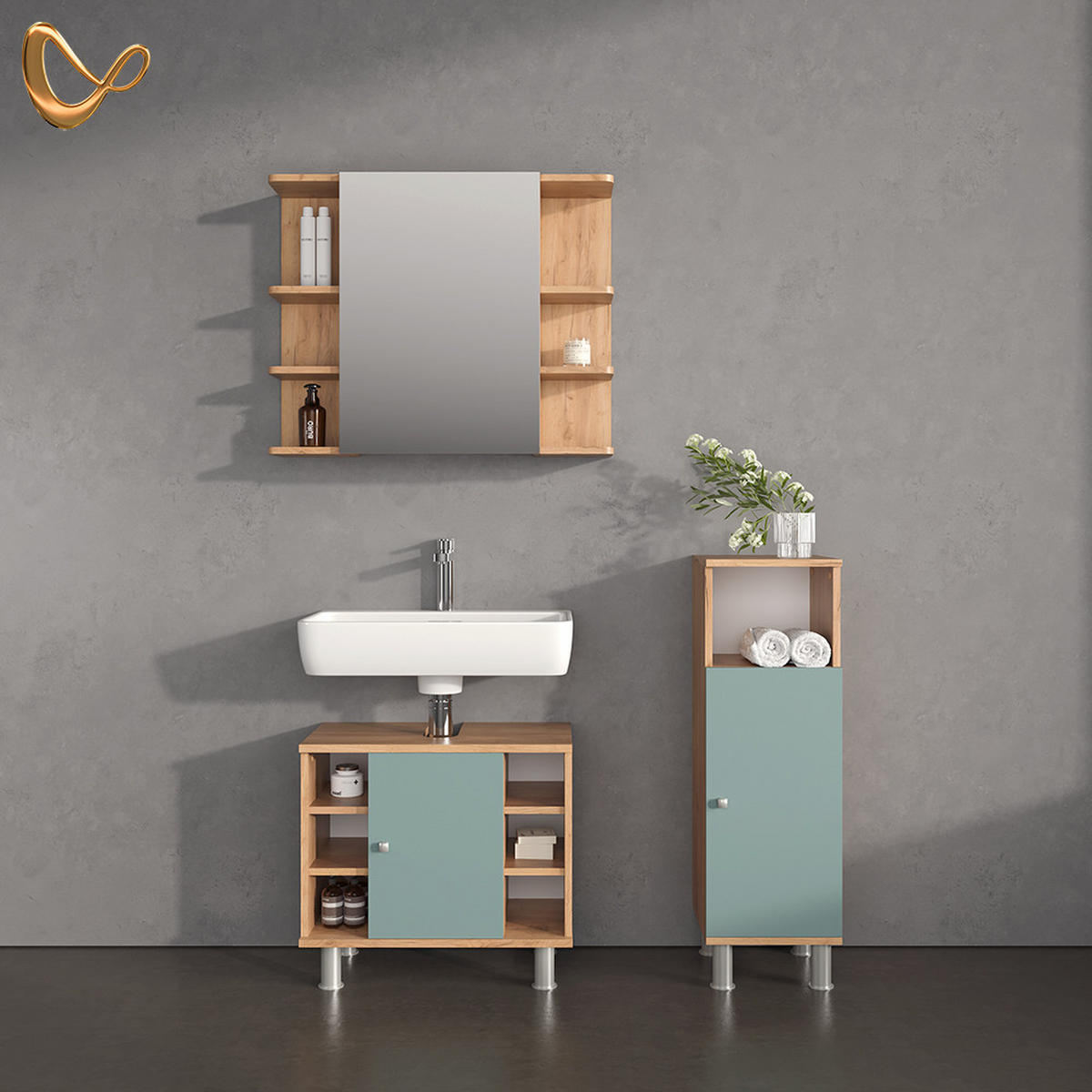 BADMÖBEL-SET Fucino Grün 3 Teile, mit Midischrank - Eiche Wotan/Grün, Holzwerkstoff (60/54/32cm) - Livinity®