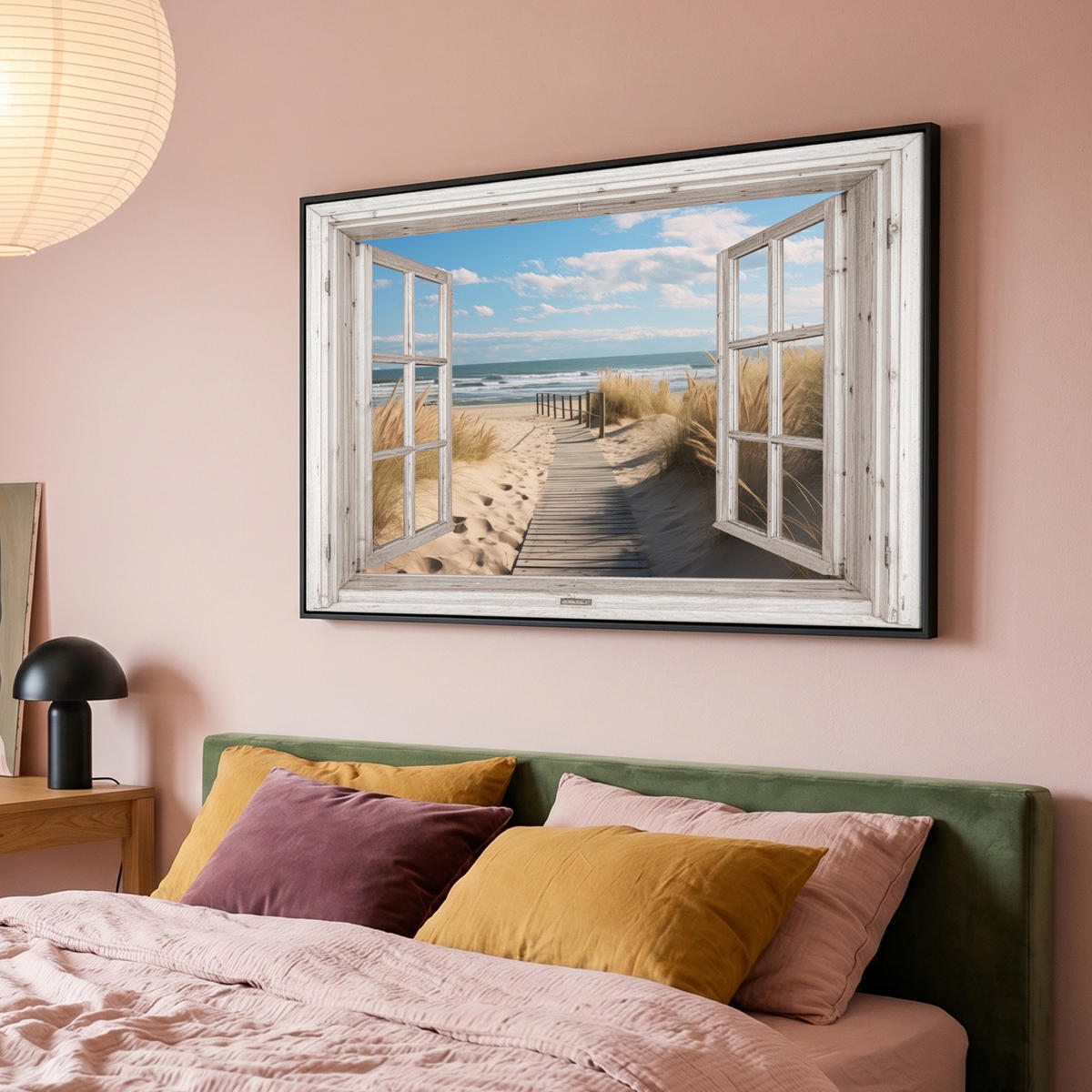 LEINWAND Bilder mit Rahmen - Fenster - Meer - Küste - Natur - Ausblick - Strand - Wattenmeer - 150x100 - Beige, Textil (150/100cm) - MuchoWow