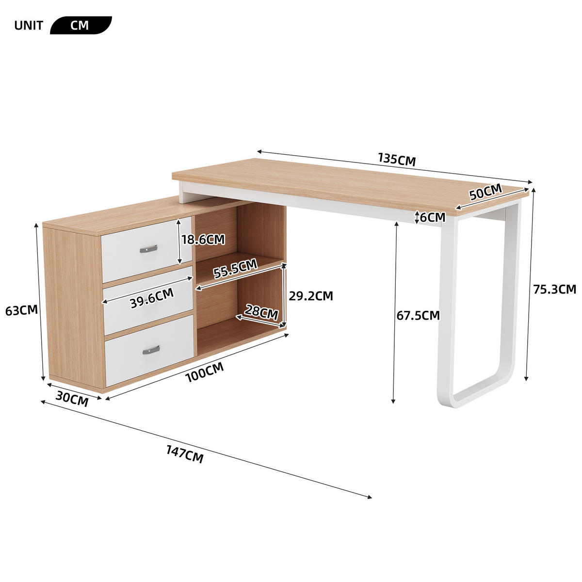 BÜROSCHREIBTISCH in natur & weiß mit stahlgestell, 3 schubladen & 2 offenen fächern - Naturfarben, Holzwerkstoff (100/147/75.3cm) - Urban Meuble