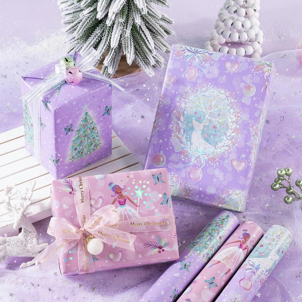 GESCHENKPAPIER 3 Rollen 43,2 cm x 3 m Weihnachtsdesign mit Metallic-Folie - Lila, Papier (4/44/10cm)
