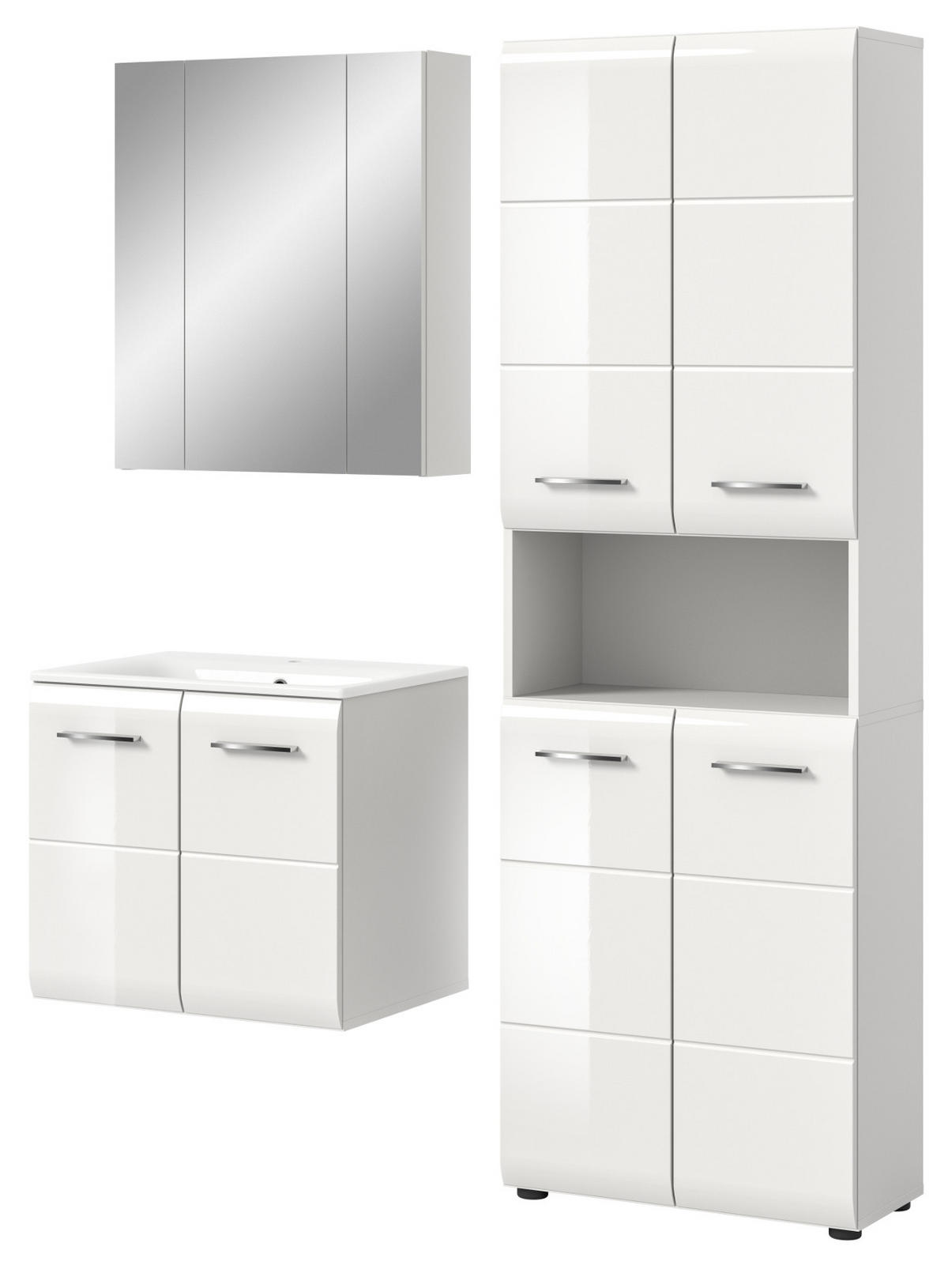 BADMÖBEL-SET 3-teilig in weiß Hochglanz inkl. Waschbecken 135 x 185 cm Cover - Weiß Hochglanz/Silberfarben, Holzwerkstoff/Kunststoff (135/185/46cm) - Inn.Furn